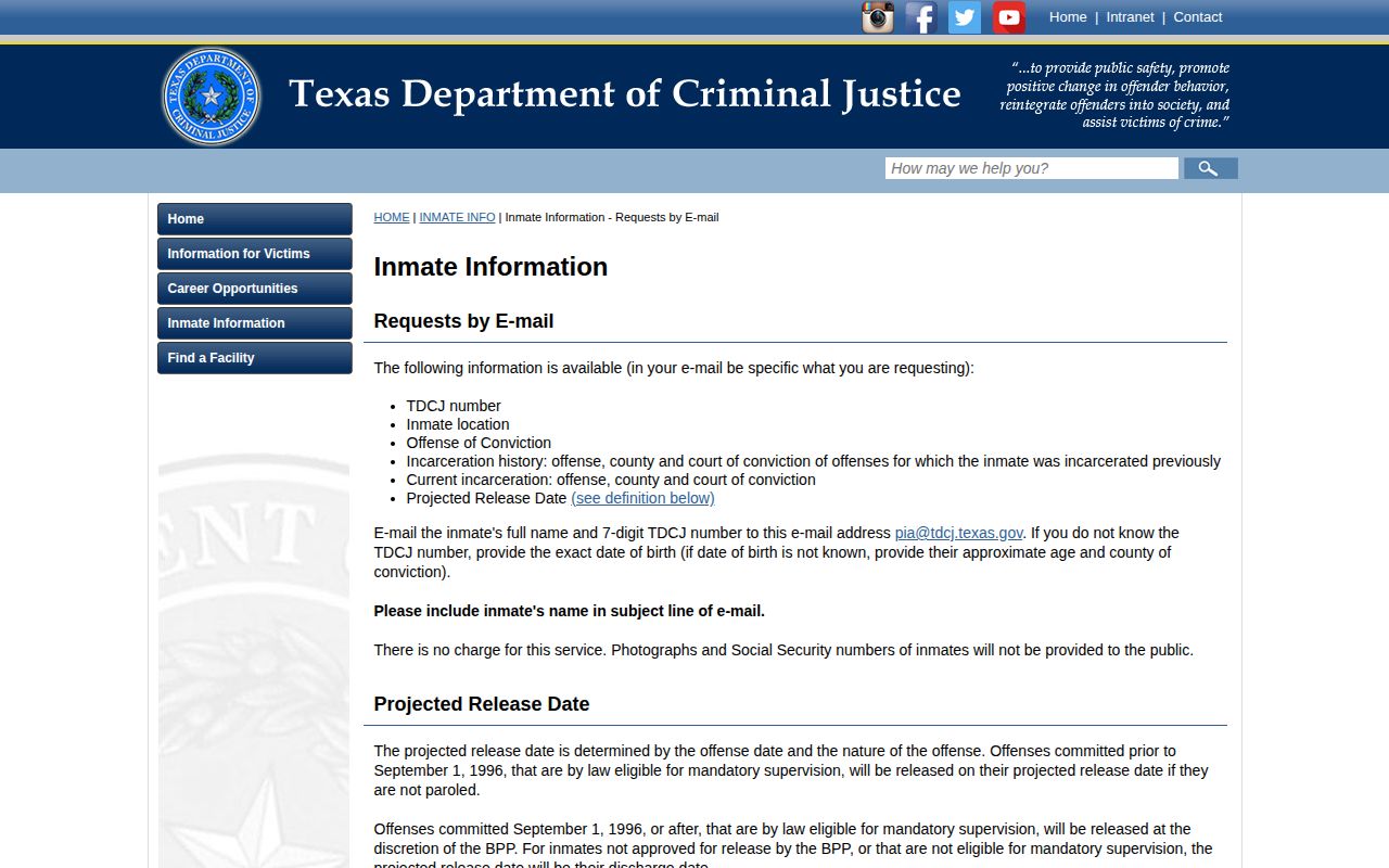 TDCJ information request fields and projected release date explanation